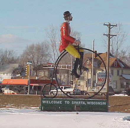 Large bicycle at Sparta, Wisconsin where they call themselves the bicycling capital of the world because of their bike trail from Sparta to Elroy