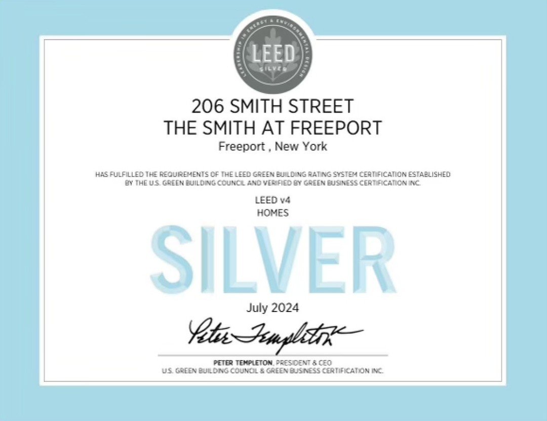 We are proud to announce that 206 Smith Street, located in Freeport, NY has been awarded LEED Silver certification! This could not have happened without all of the great work by Regan Development Corporation, Integral Building + Design Inc., CityScap