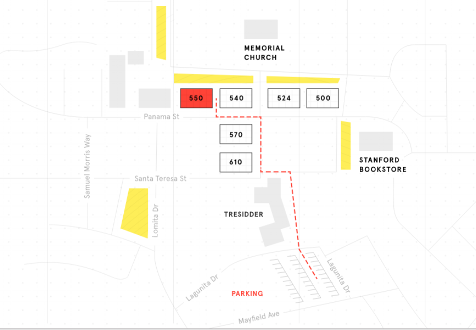 From Tresidder Visitor Parking to Bldg 550