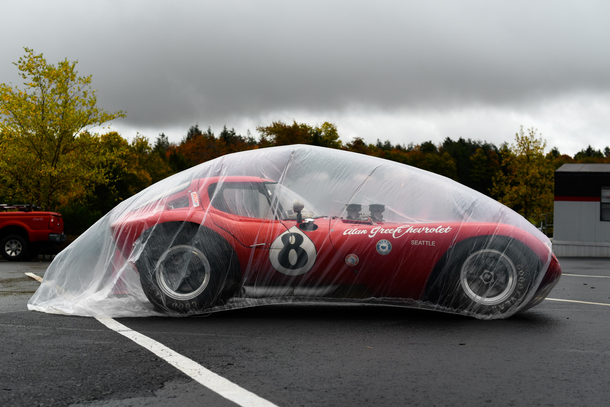 The Alan Green Chevrolet 1964 Cheetah is covered by advance of an impending thunderstorm at the Monticello Raceway in Monticello, New York