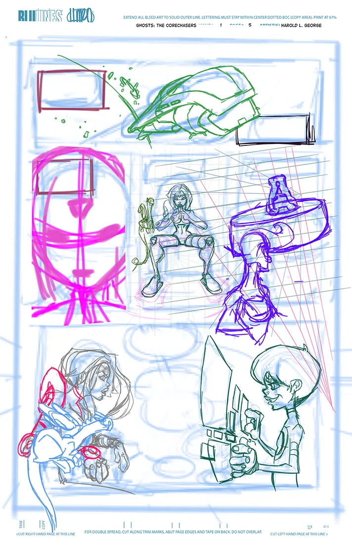 In the rough stage I clean up the lines that I see from the thumbnail into actual characters and backgrounds.