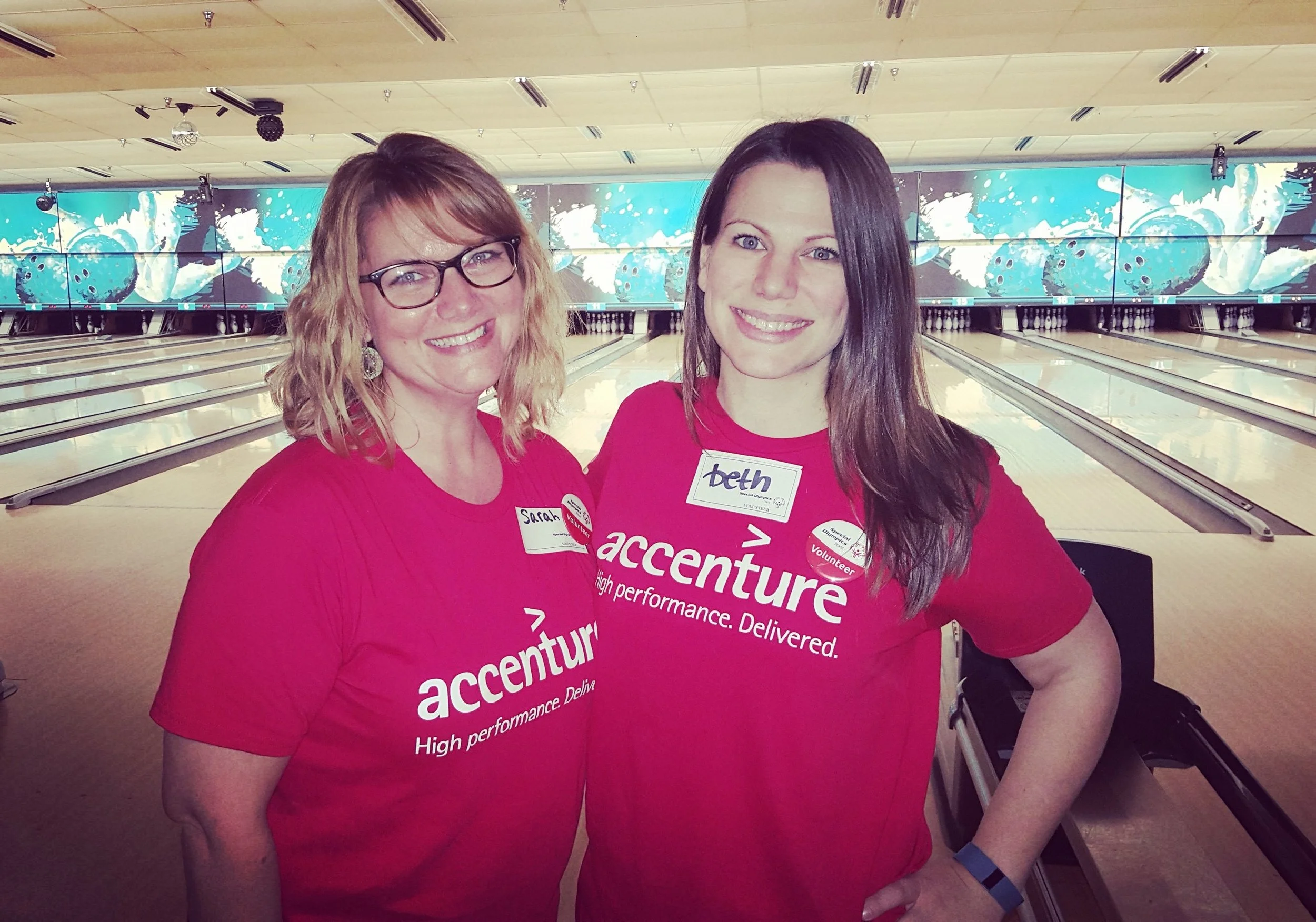 Sarah Cline, and her Austin ERG Co-lead, Beth Patterson during the Austin Special Olympics Bowling Event.