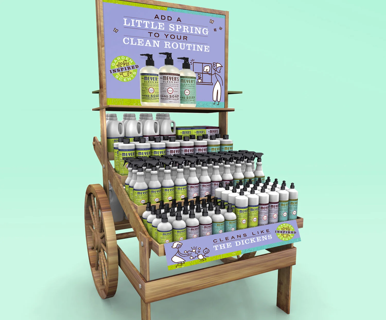   MRS. MYER’S SPRING SCENTS   This farm cart display cues our wholesome, plant-based ingredients to help our natural-conscious shopper take home the fresh fragrance of a spring garden.   