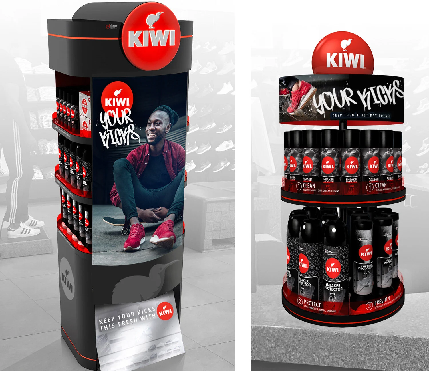   KIWI SNEAKER CARE  These displays are just part of an extensive specialty store toolkit designed to show sneakerheads that our once traditional brand has the goods, and the cred, to keep their new kicks first-day fresh.   