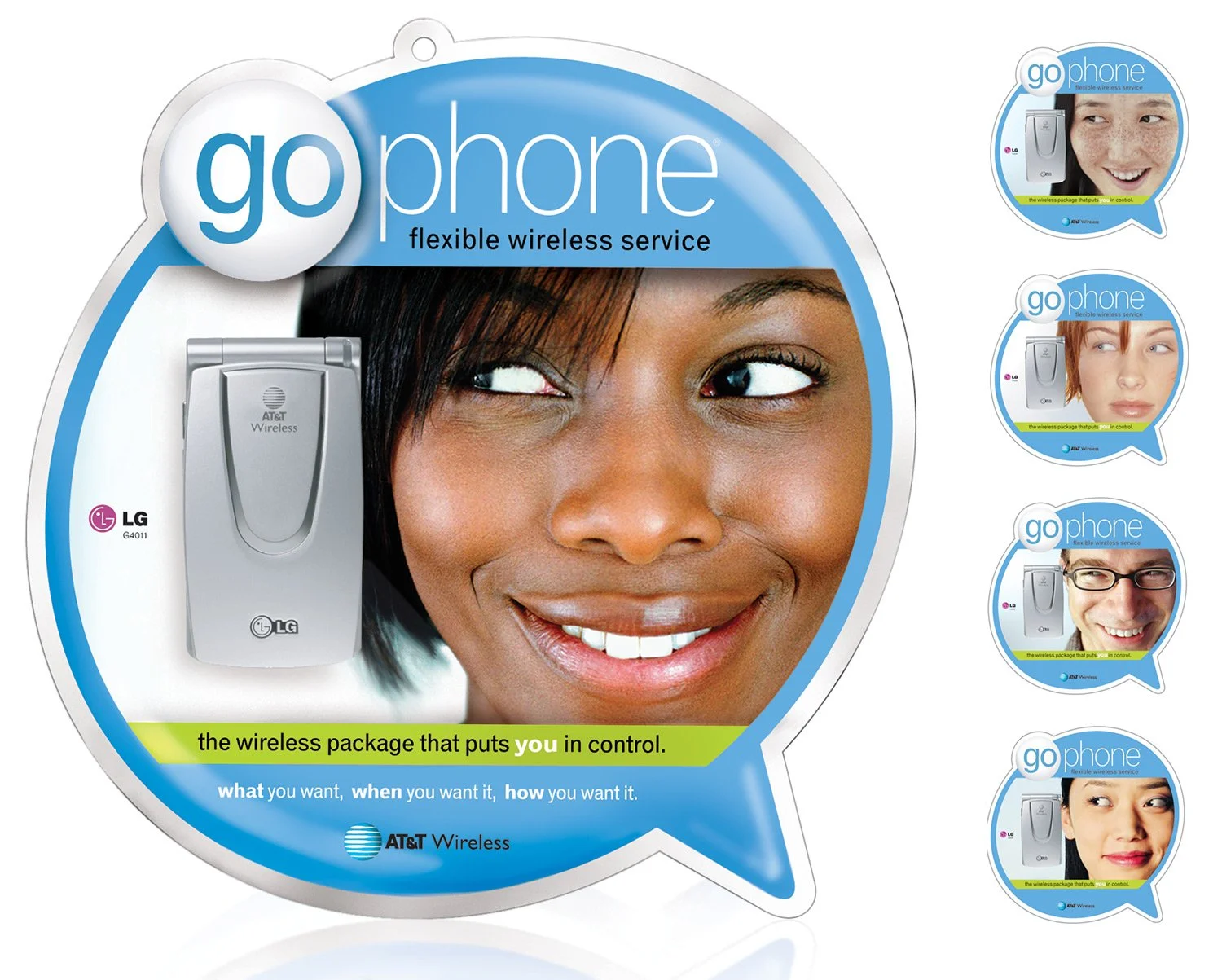   GoPhone  is a prepaid wireless service that puts people first. The faces on these packages lend a little personality to an otherwise impersonal category, and work together to create an eye-catching and welcoming on-shelf community.   