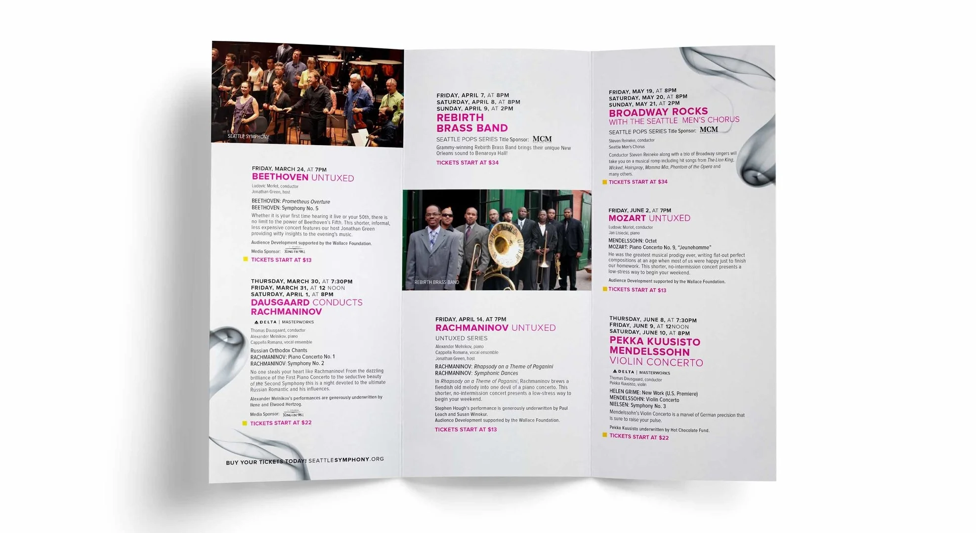 Pairing savings with unexpected concerts allows the reader to be pleasantly surprised by what the Seattle Symphony has to offer. A modern, bright and sophisticated styling offers an easy to digest approach to how the Symphony presents itself.