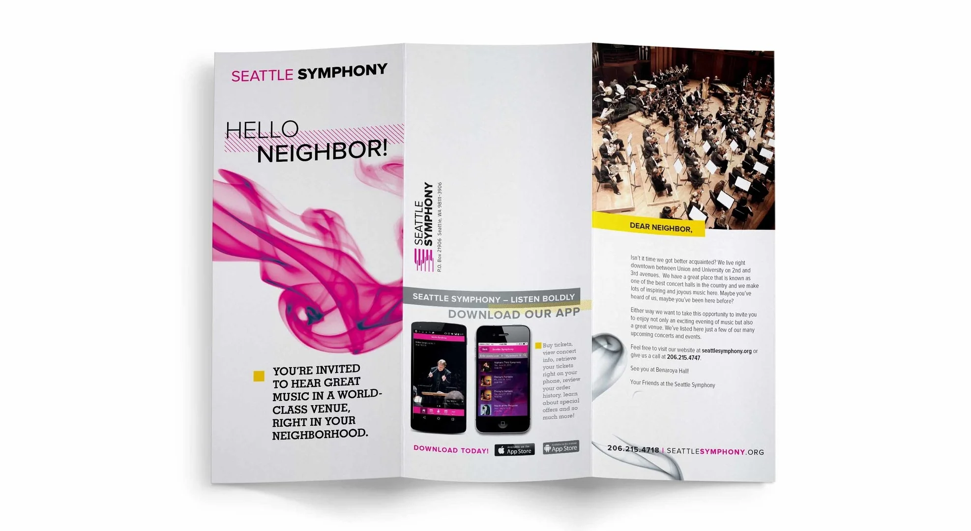 This brochure was distributed throughout Seattle to encourage subscribership while utilizing a friendly tone of voice to showcase the Symphony's inclusive community.