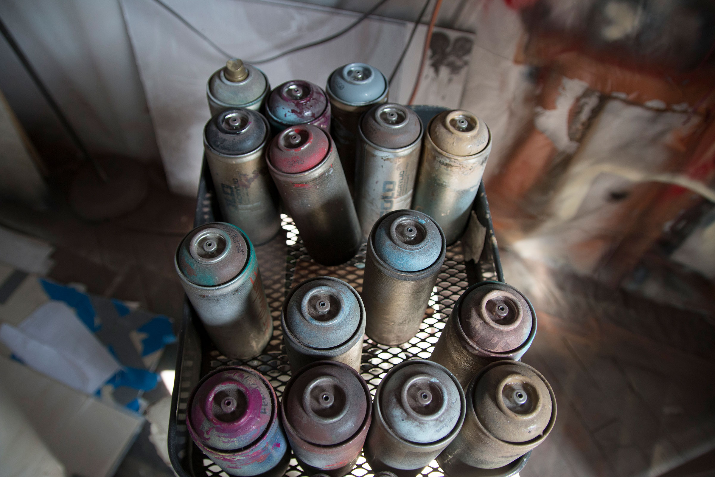  Spray cans and canvas in B.D. White's studio. 