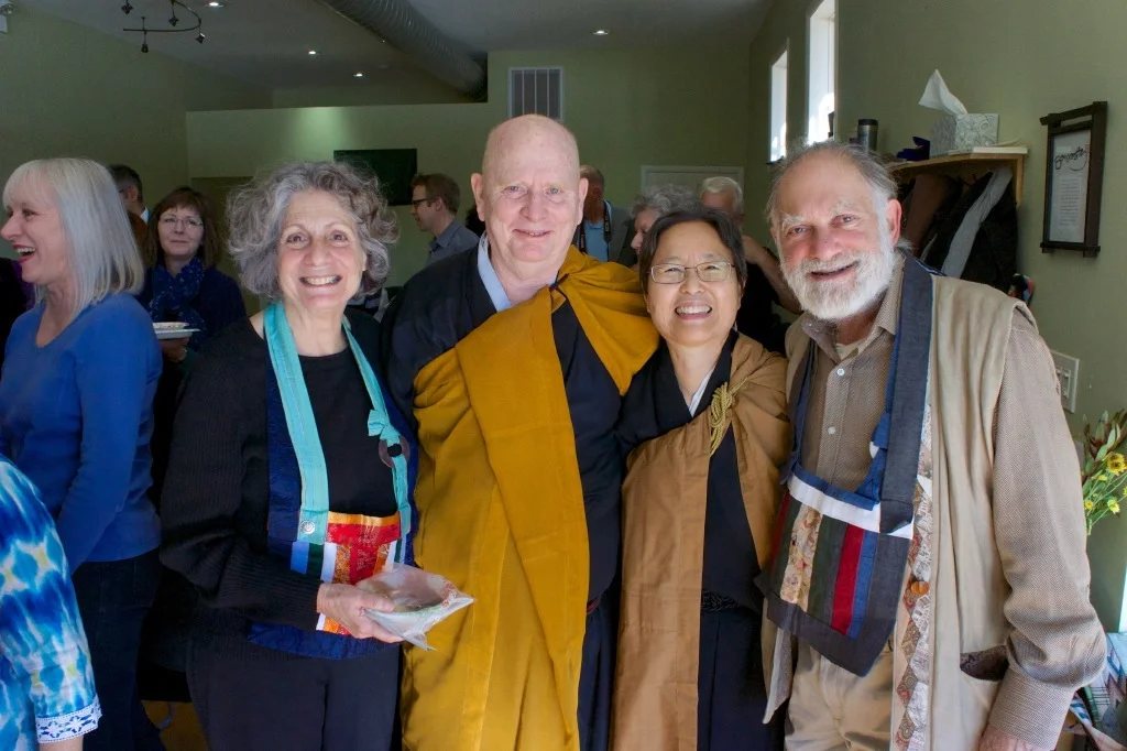 Eve Marko, Robert Althouse, June Tanoue, Bernie Glassman. Eve and Bernie were preceptors at June Tanoue’s final empowerment ceremony as a Zen priest and Zen teacher on 11/2/14. photo by Peter Cunningham