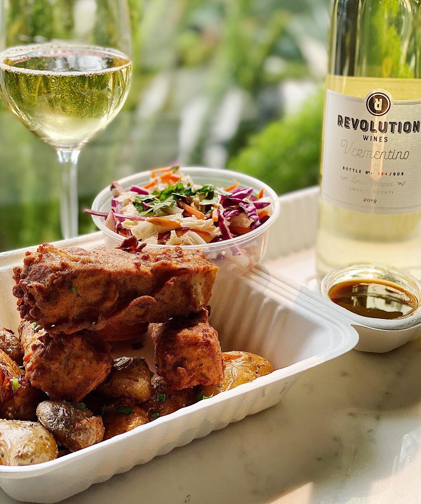 stay in, stay safe &amp; pick up NEW Southern Fried NOT Chicken + wine to cheer yourself up ✨ this is what pandemic-fire-weekends look like #surviving2020
.
vegan AND gluten free marinated &amp; fried tofu, fingerling potatoes, maple sriracha glaze, 