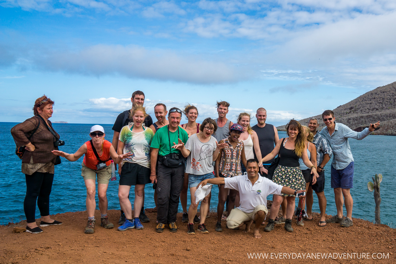 Our fellow travelers aboard the Floreana, impersonating a Blue Footed Boobie. Our friend on the left there was not interested in participating in the group shot!