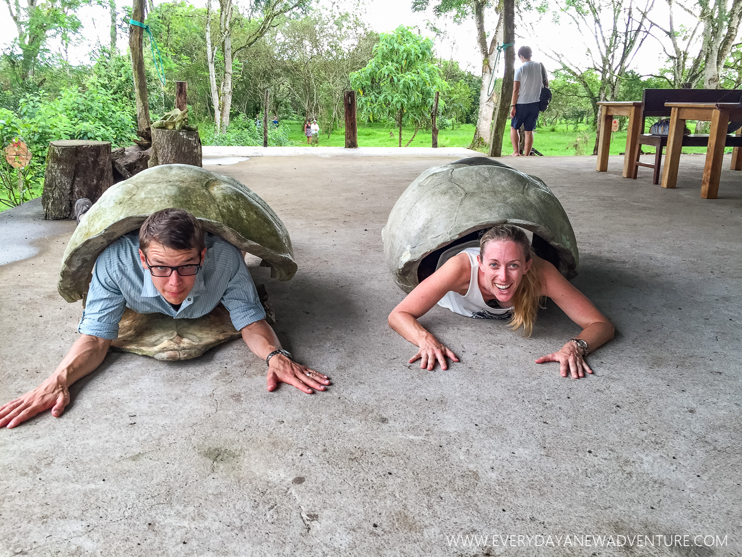 Seeing what it's like to carry around a turtle shell.