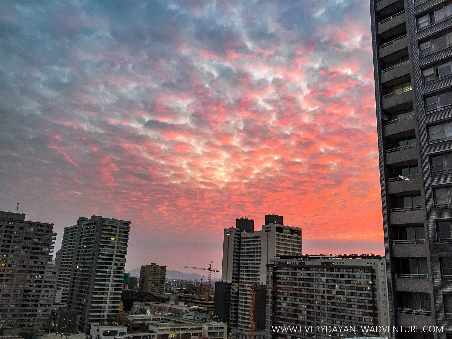 Last sunset of the trip, viewed from our Santiago balcony.