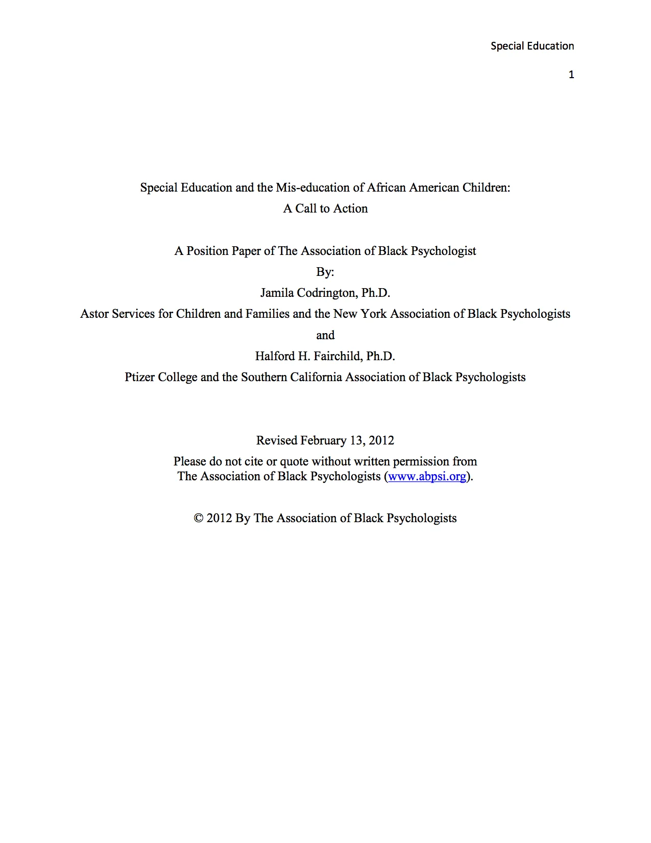Special Education and the Mis-education of African American Children: A Call to Action