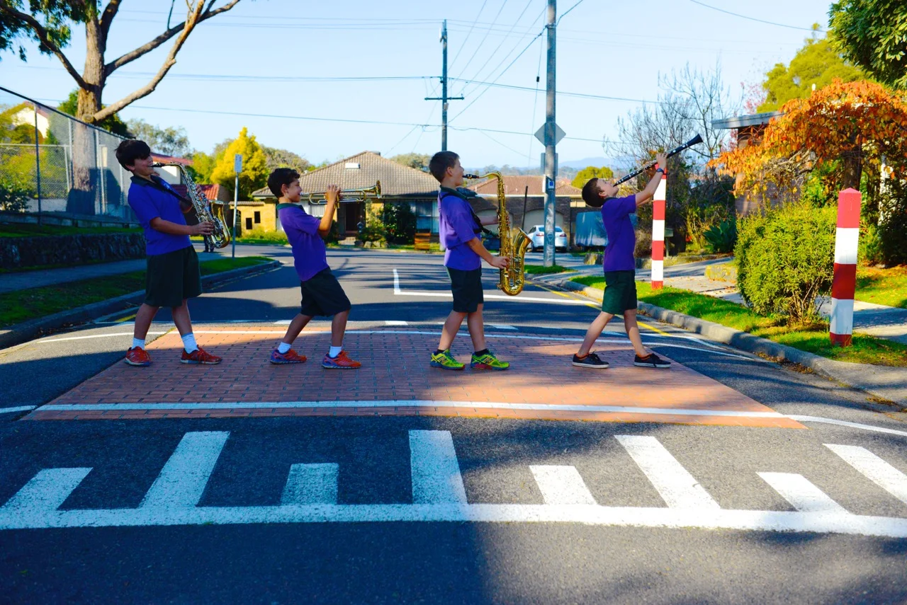 Some of Viewbank's instrumental students crossing safely at the pedestrian crossing.