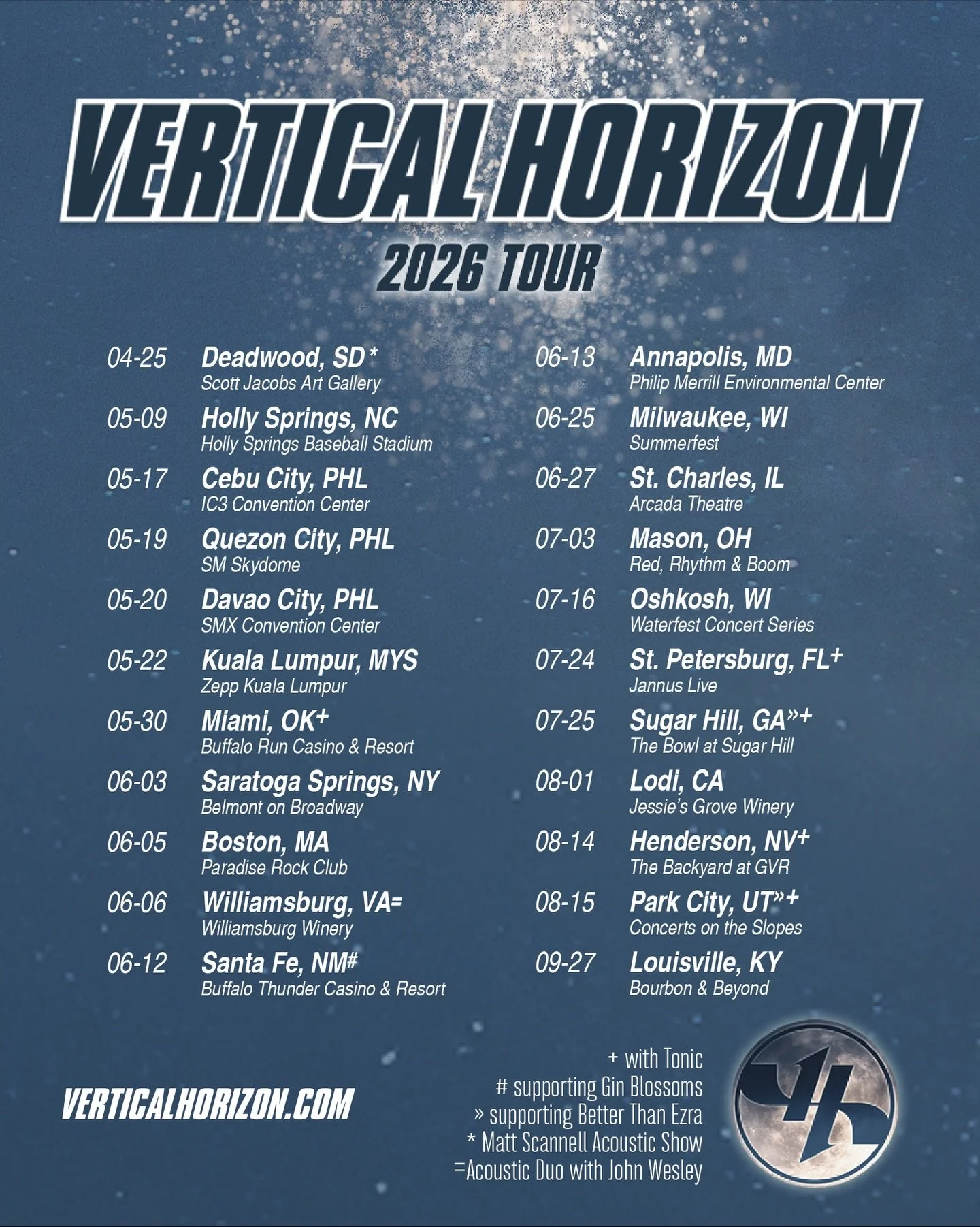 VH Fans! Check out our upcoming tour schedule and let us know where we&rsquo;ll be seeing you on this run of shows!👇

Visit verticalhorizon.com for tickets. 🎫

More dates yet to be announced, so be sure to stay posted.