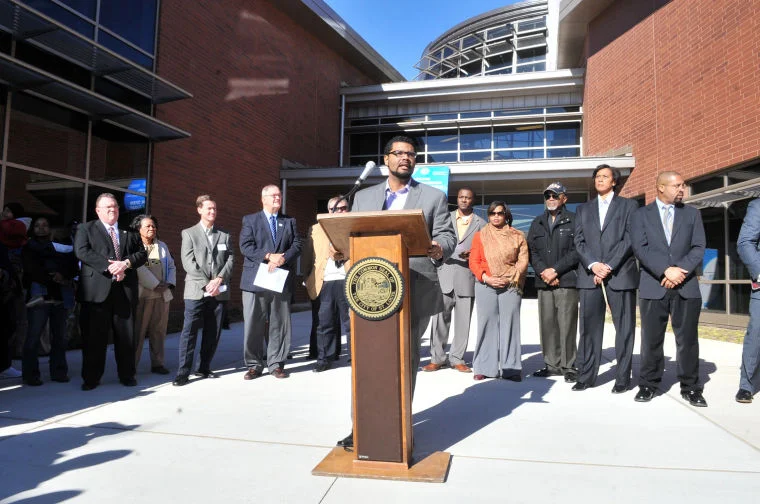 Alderman French speaking at the opening of the O'Fallon Park Recreation Complex (Jan 2013). Photo by Wiley Price