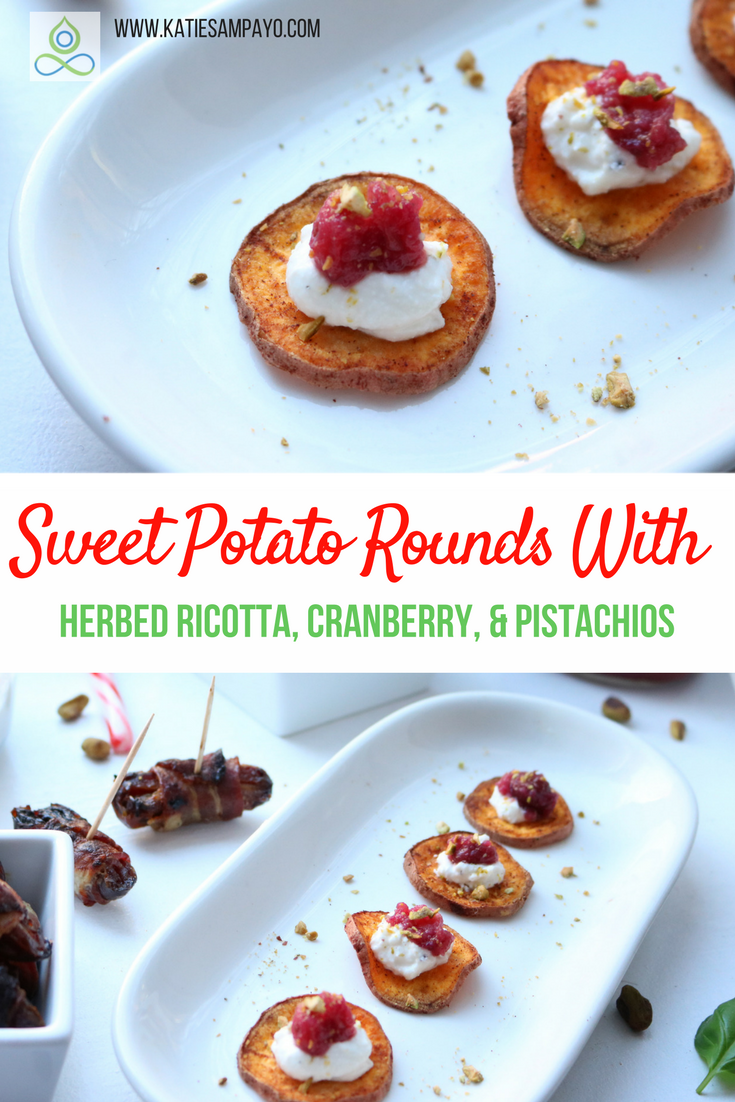 Sweet potato rounds with herbed ricotta, cranberry, and pistachios 