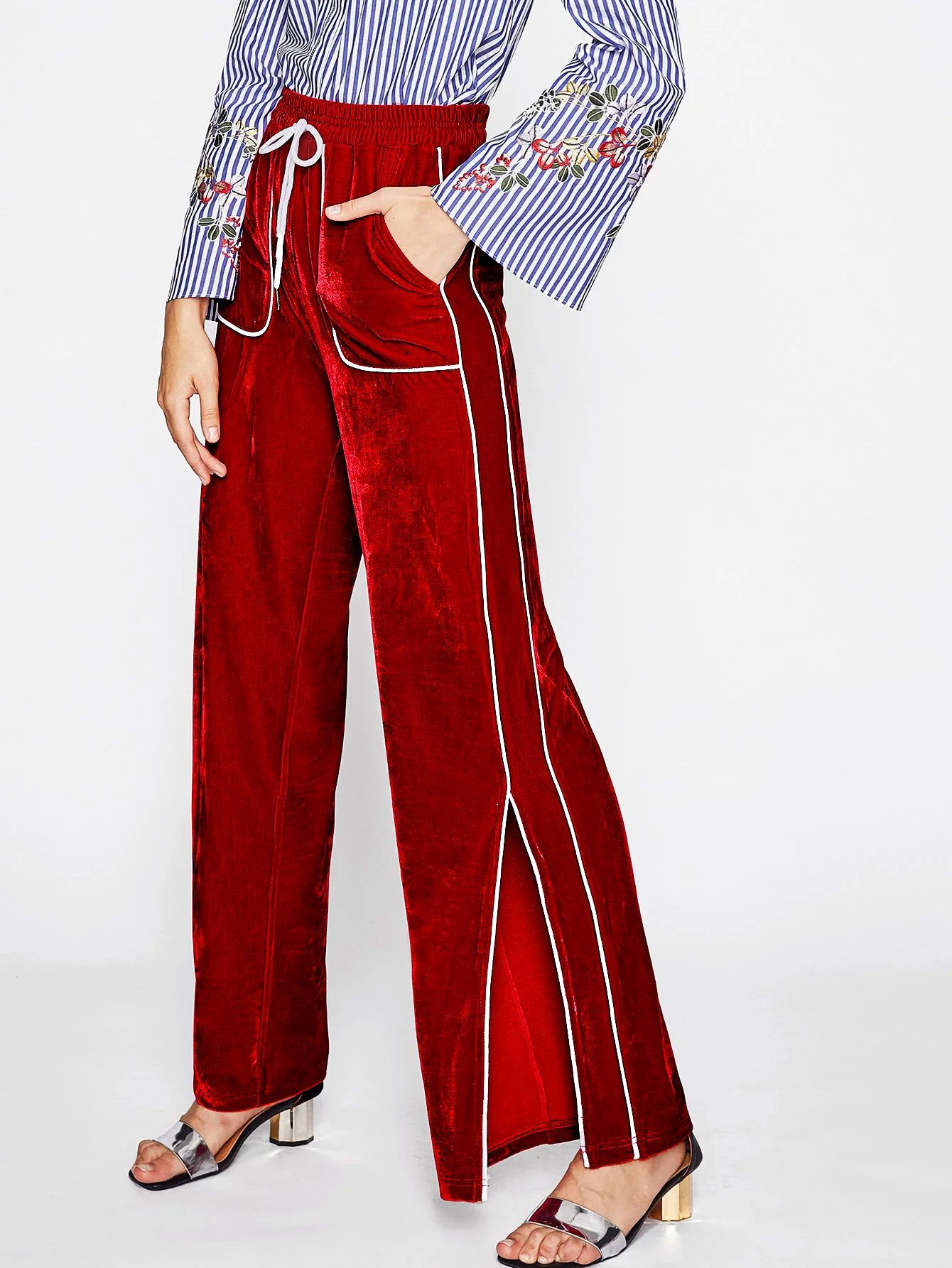 Tipping Detail Slit Side Velvet Pants.jpg