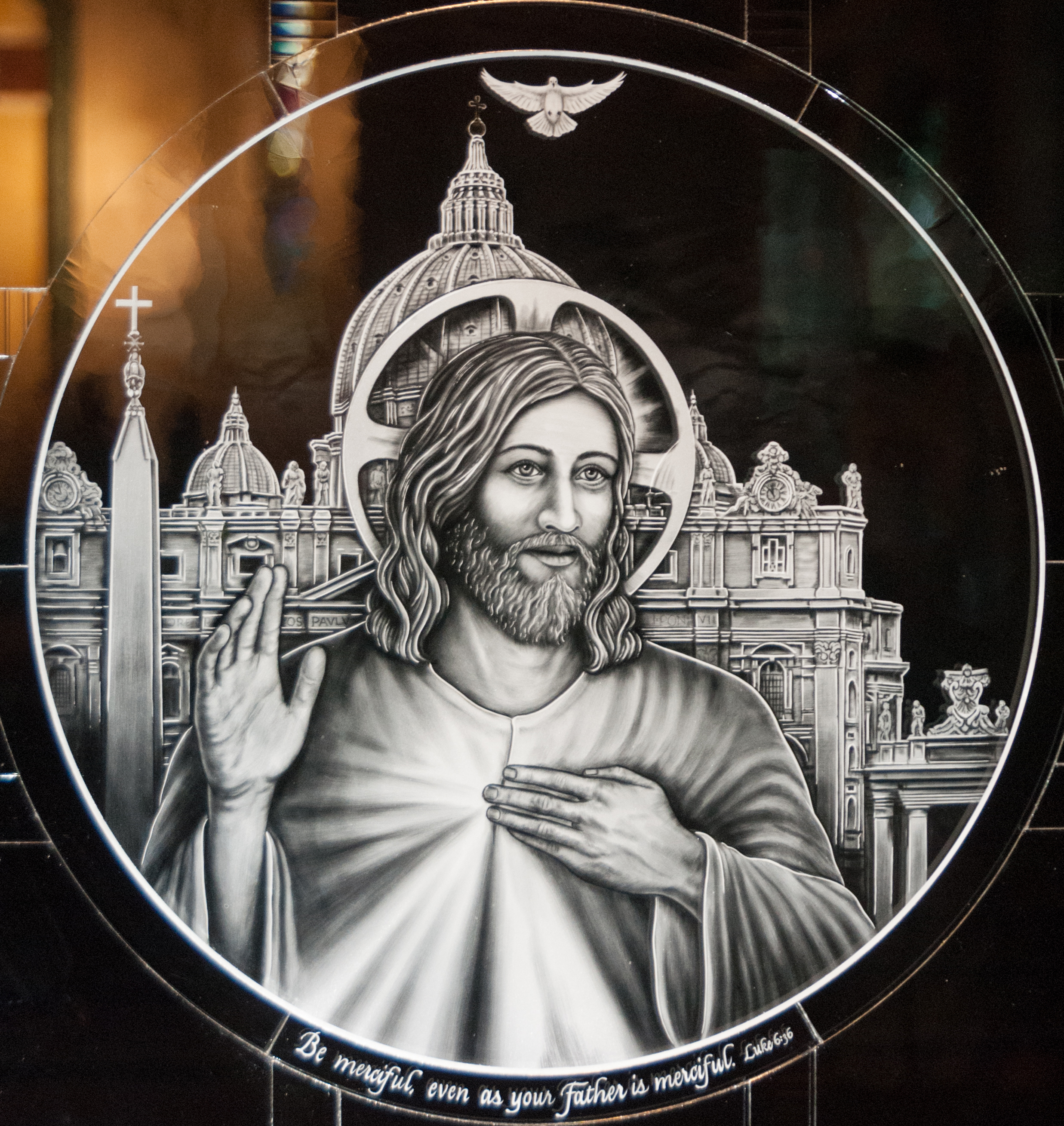 Finished Divine Mercy medallion "Be merciful even as your Father is merciful", executed in Milano-Ti™, titanium etched glass.