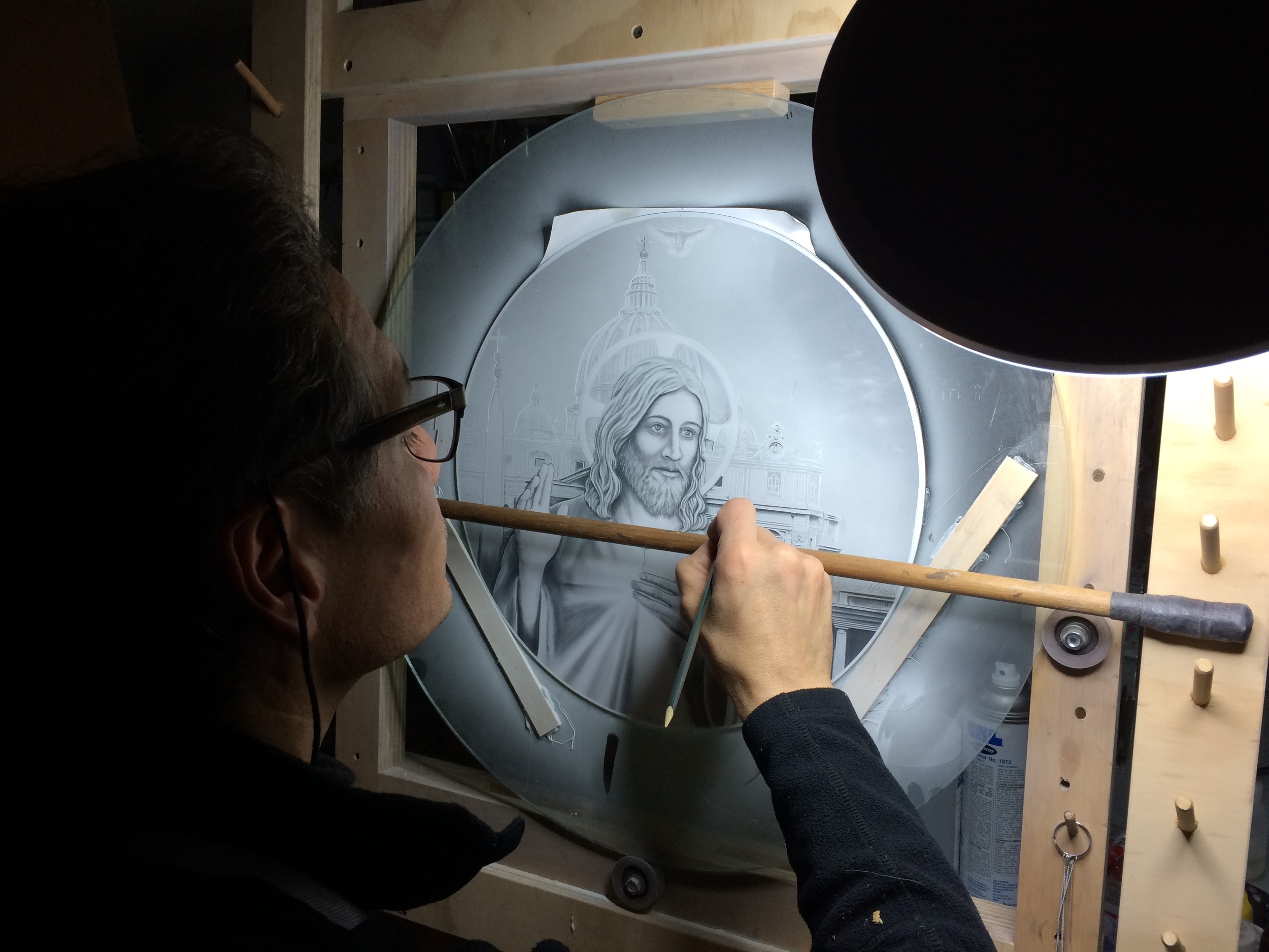 Etching with Milano-Ti™, titanium etched glass the Divine Mercy medallion