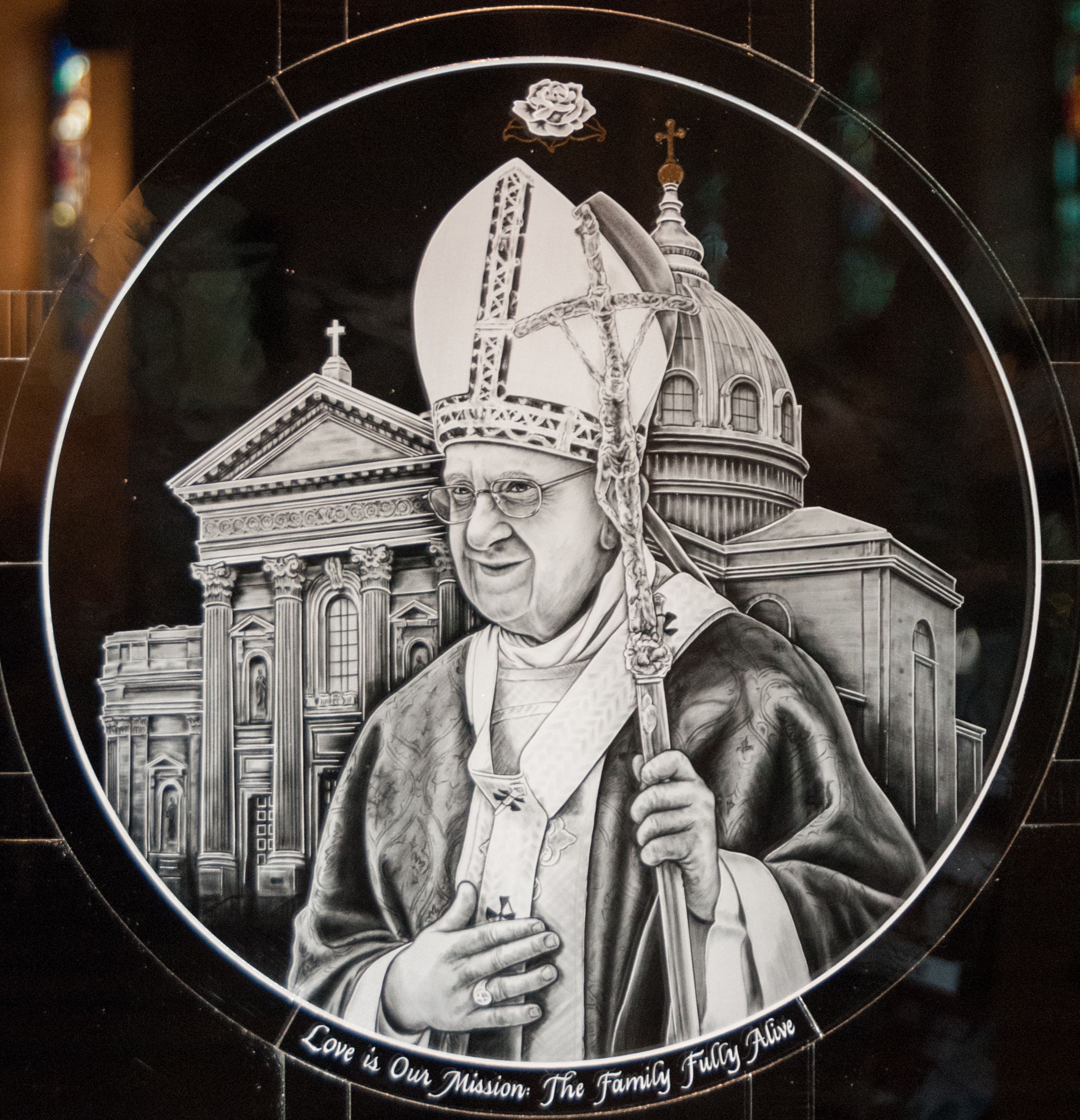 Milano-Ti™ titanium etched glass medallion of Pope Francis Cathedral Basilica of Saints Peter and Paul.
