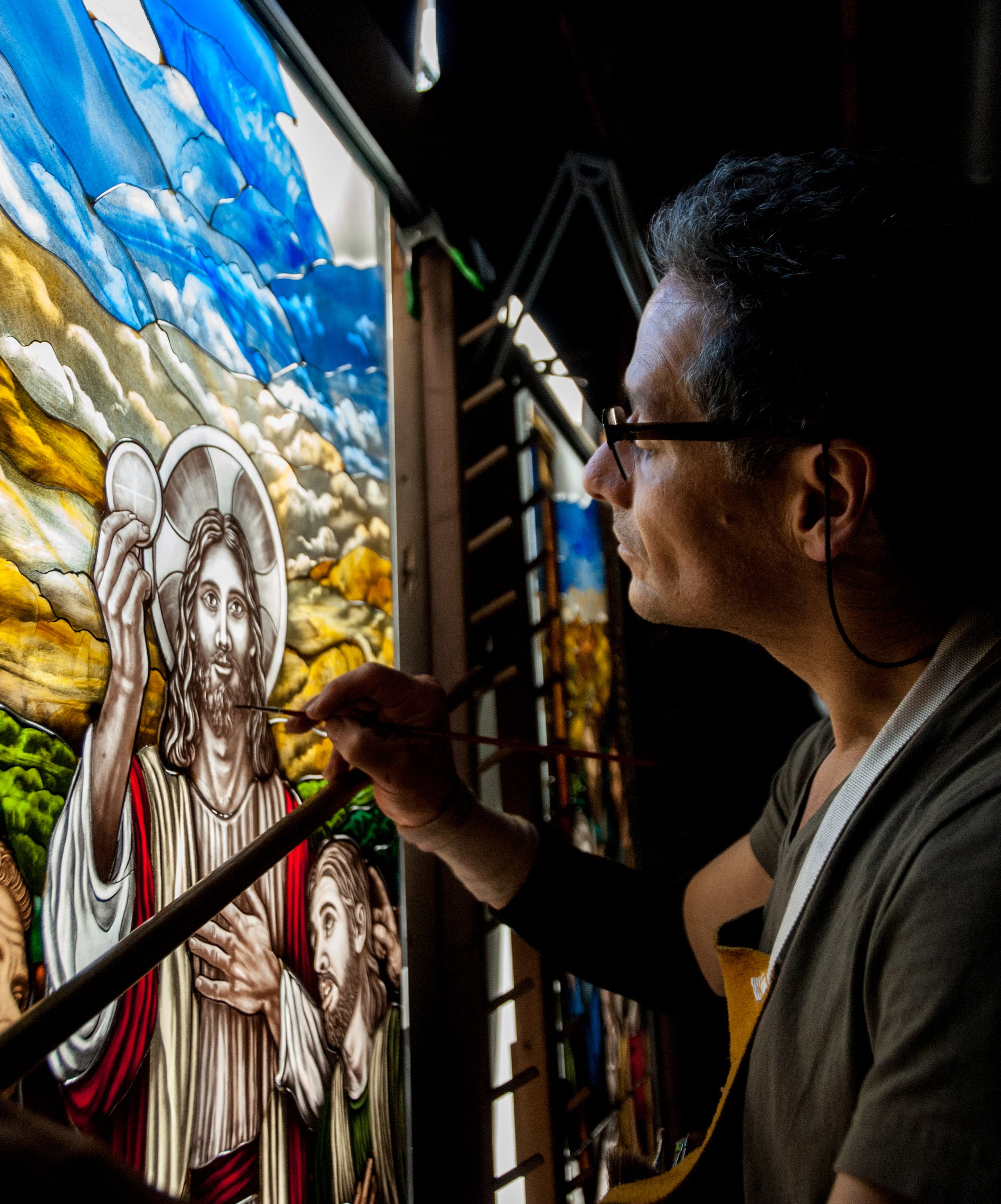 Adding detail to Jesus' beard.