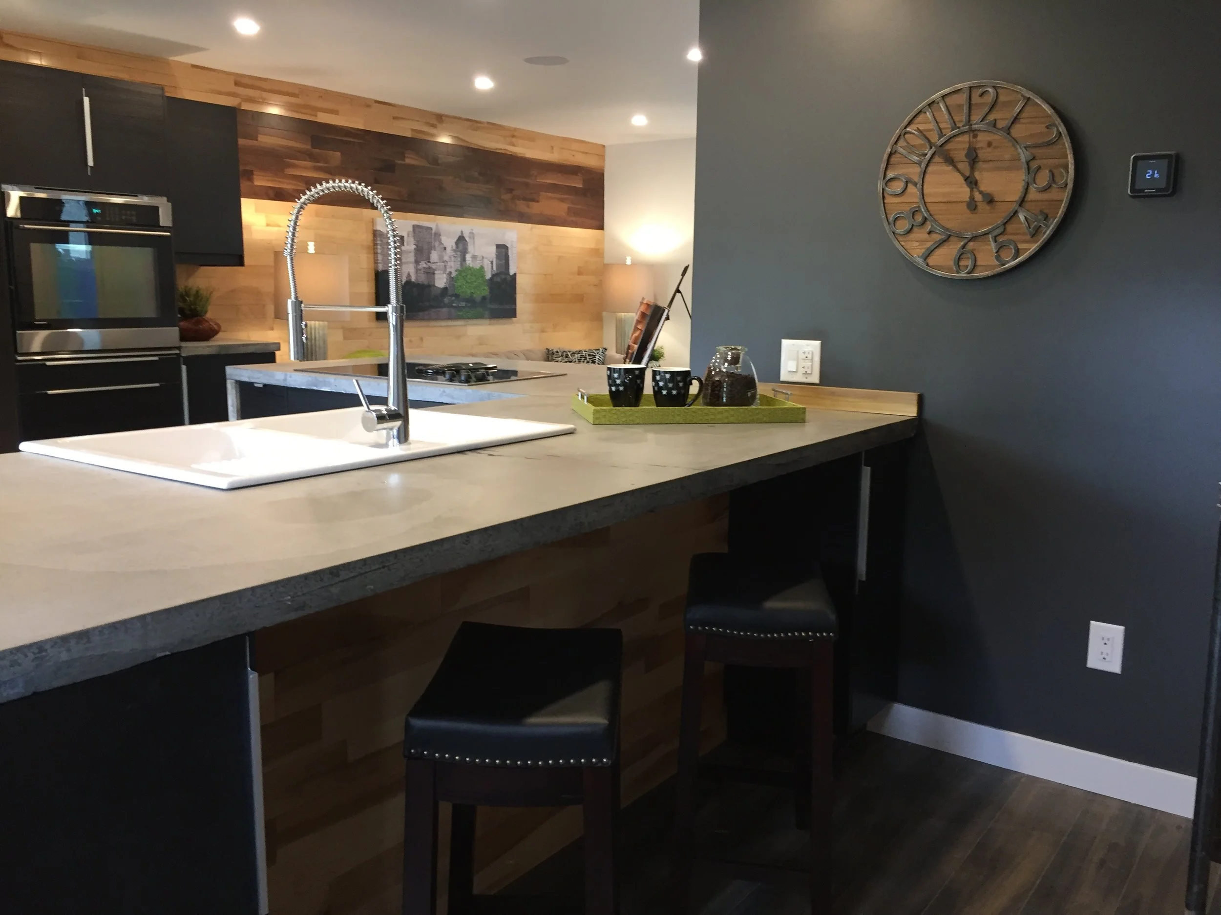 Recipe Book for ideas, Coffee Beans for a great smell, Studded Stools, and Barnwood Clock.