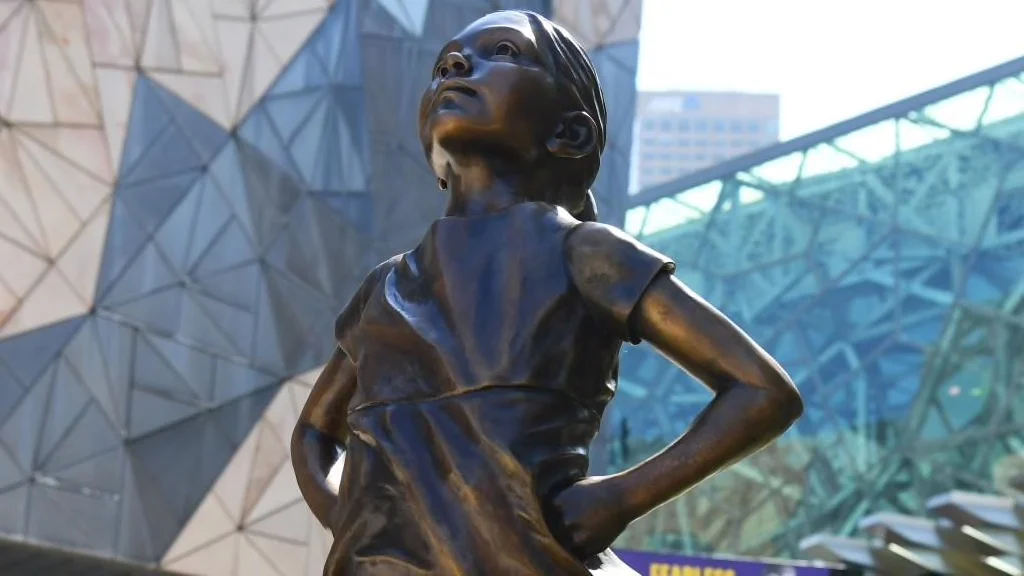 Image Credit: AAP. Artwork Credit: Kristen Visbal, Fearless Girl (Federation Square), 2019.