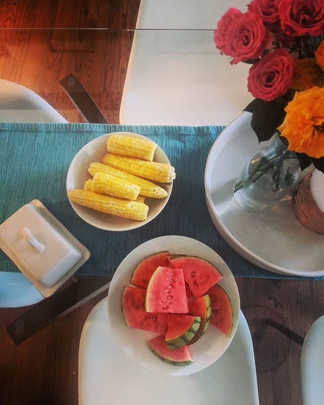hey the little summer foods accidentally match the flowers. 🤗🍉🌽💐 #watermelon #excitement