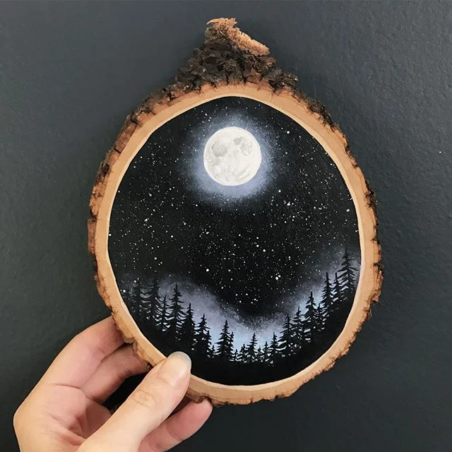 I will have a few larger and some tiny celestial landscapes painted on tree slabs available tonight at the @btvcityarts Holiday Market from 4-8pm and Sat 10-4 (maybe later). We will be set up in City Hall at the bottom block of the @churchstreetmarke