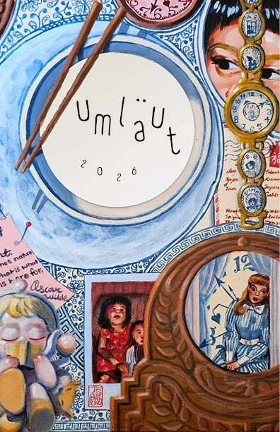 A drawing of a table covered in blue and white porcelain patterns, a blue plate and bowl with chopsticks. In the center of the bowl is "Umlaut". There is a gold watch, a mirror with a blond girl in a blue dress, and a picture of two children.
