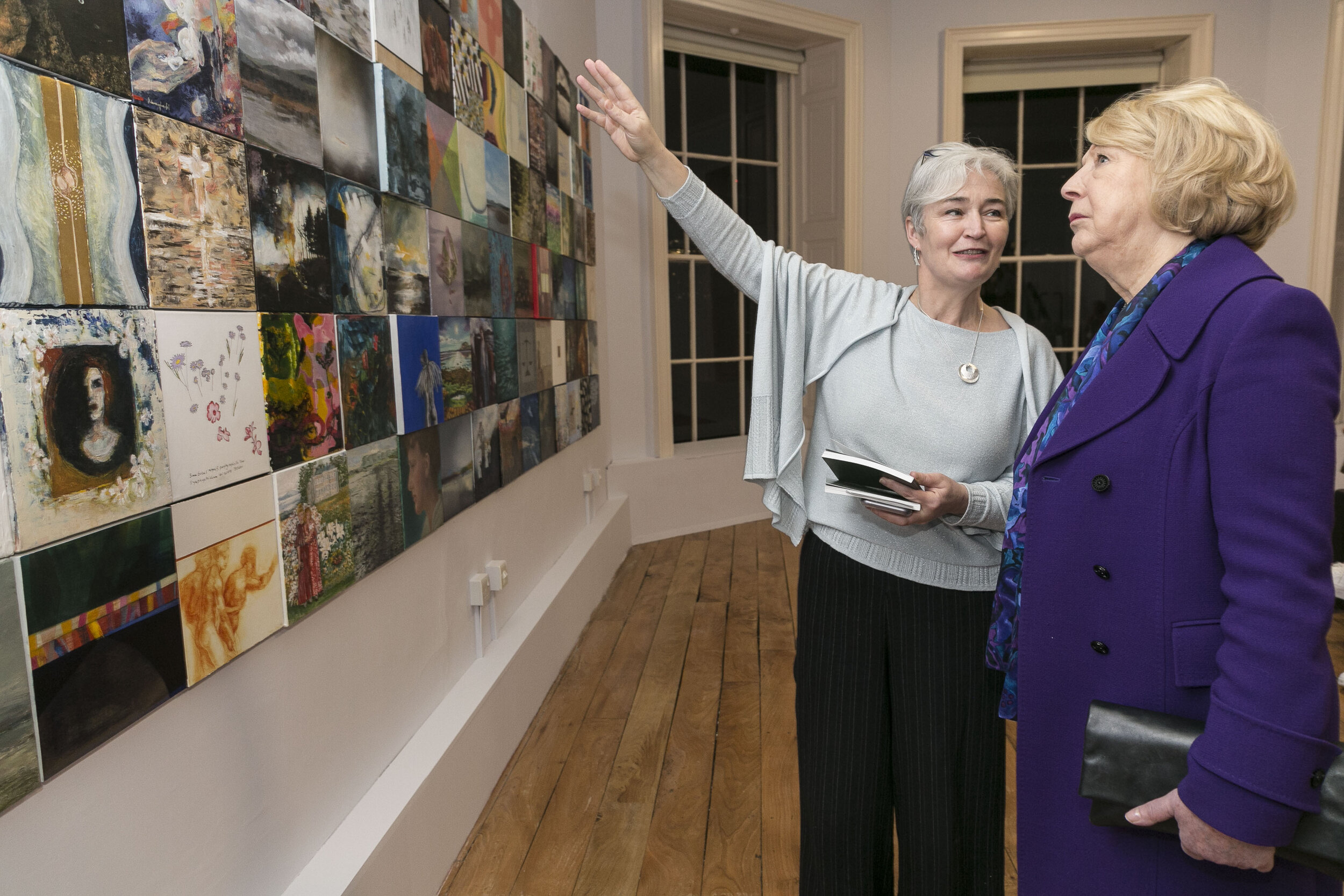  Sabina Higgins viewing some of the 93 art works.   Hamilton Gallery / MoLi / DFAT - exhibition opening by Sabina Higgins of "Eva Gore-Booth 93 Irish women artists respond to her life and work", part of Brigids Day Lá Fhéile Bríde, Celebrating Women 