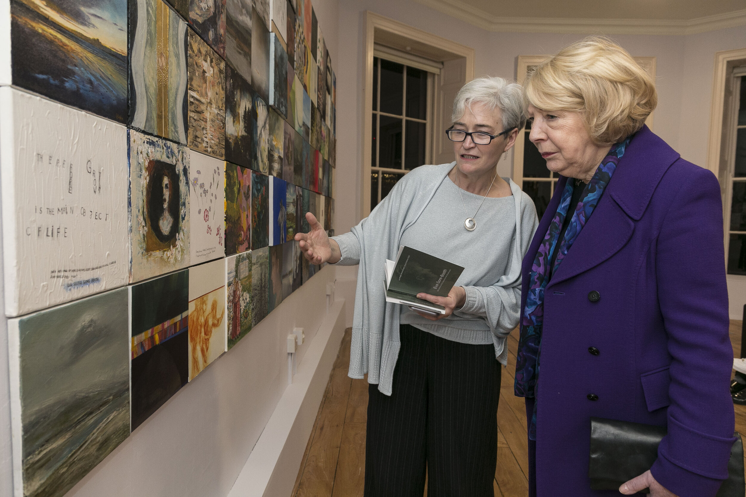  Sabina Higgns with Martina Hamilton discussing the paintings before the opening.   Hamilton Gallery / MoLi / DFAT - exhibition opening by Sabina Higgins of "Eva Gore-Booth 93 Irish women artists respond to her life and work", part of Brigids Day Lá 
