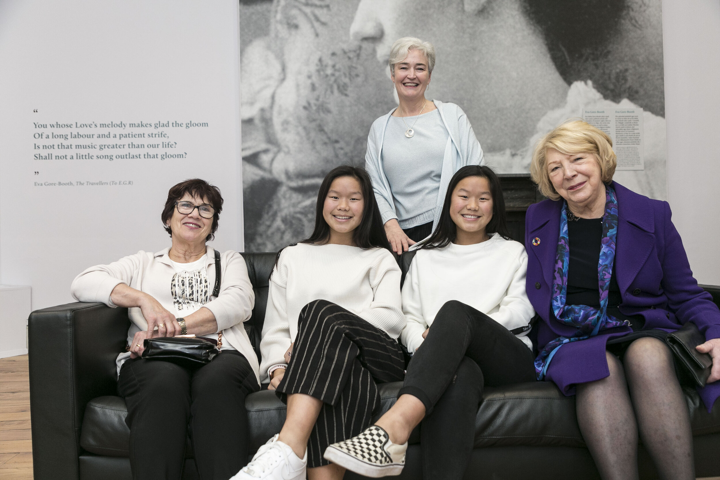  Mary Gillan, Anna and Ellen Hamilton with Sabina Higgins and Martina Hamilton before the doors open.    Hamilton Gallery / MoLi / DFAT - exhibition opening by Sabina Higgins of "Eva Gore-Booth 93 Irish women artists respond to her life and work", pa