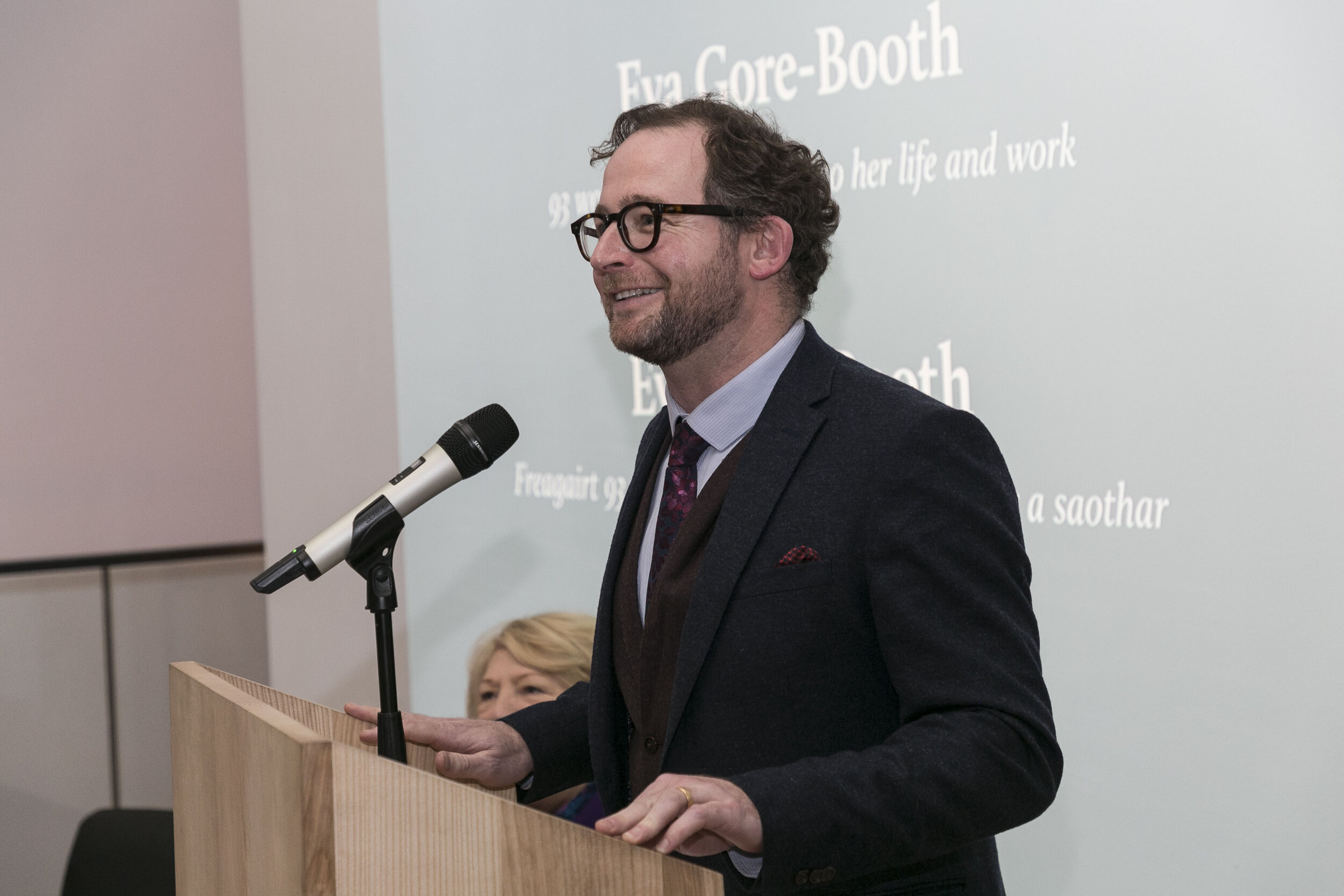  Simon O’Connor - Director Of MOLI welcoming everyone to the museum and exhibition. He pays a special tribute to the late Veronica Bolay, Aosdána and RHA, a participating artist in the exhibition.      Hamilton Gallery / MoLi / DFAT - exhibition open