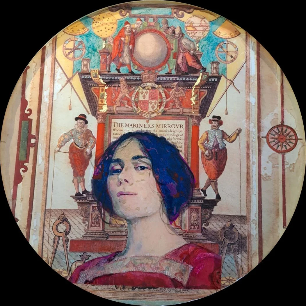 Medbh Gillard Artist, Hamilton Gallery, Spanish Armada Exhibition, Mixed media on Circular Birch Panel, title, The Mariners mirror