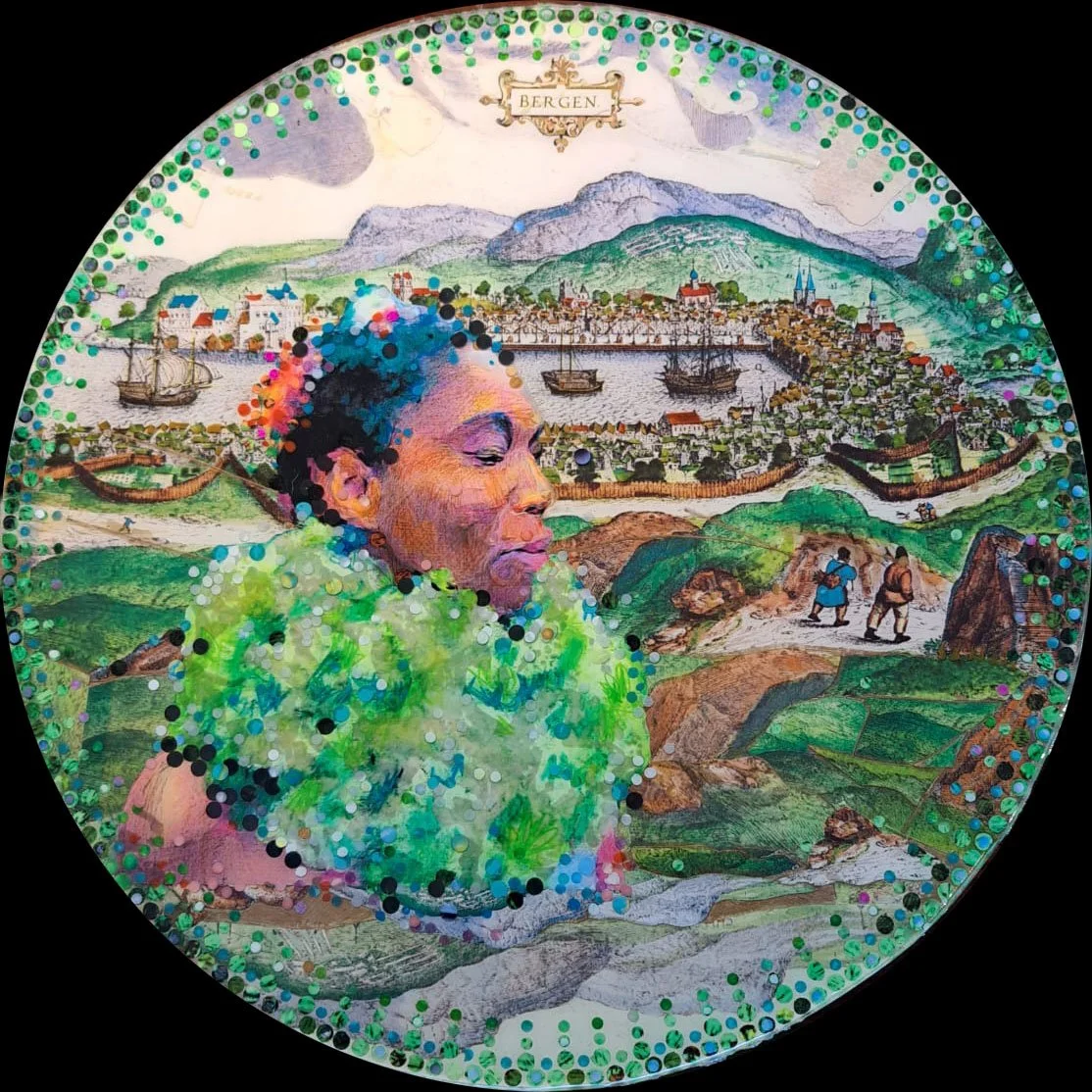 Medbh Gillard Artist, Hamilton Gallery, Spanish Armada Exhibition, Mixed media on Circular Birch Panel, title, Northward without end