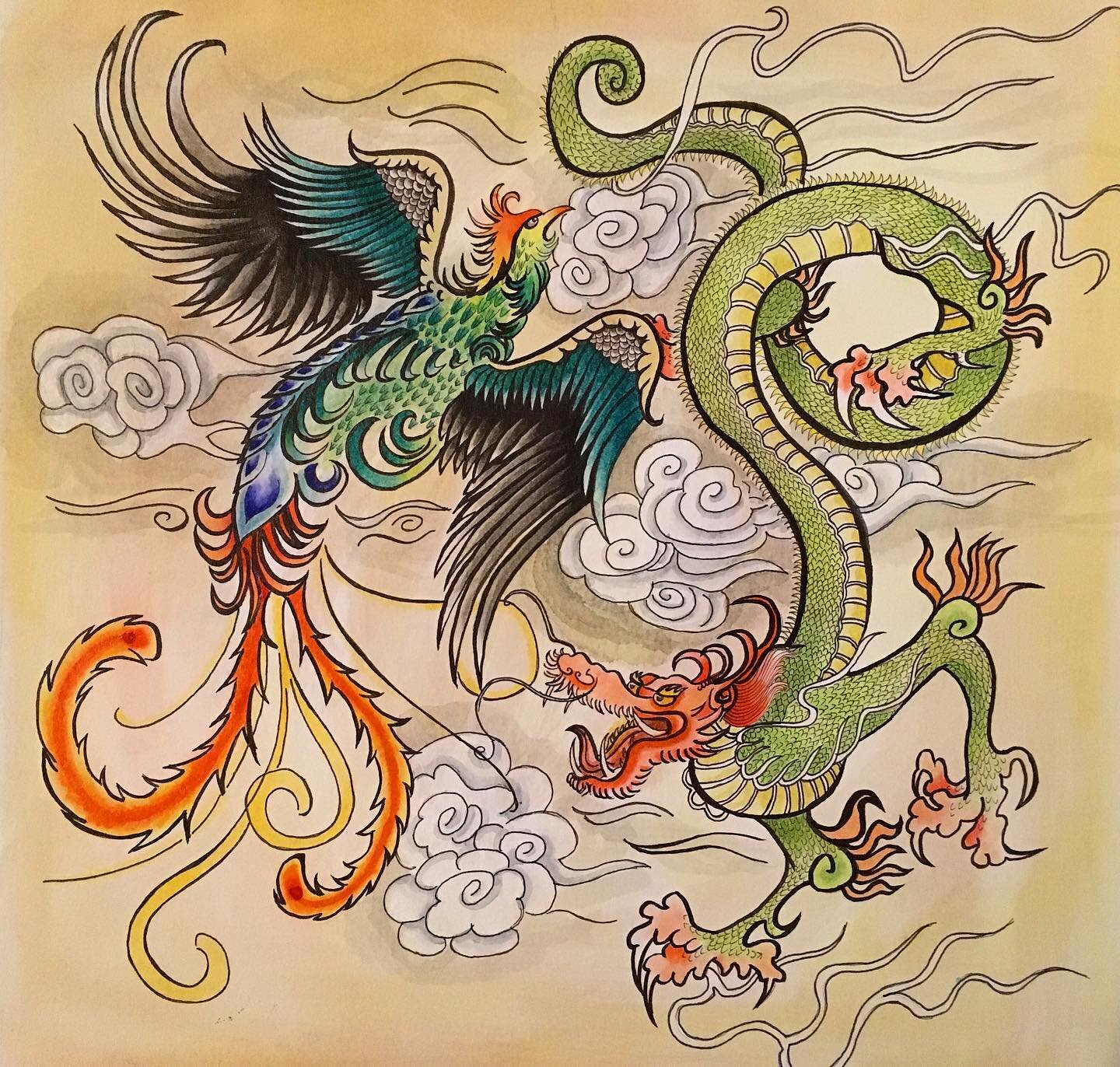 this is an old one (#waybackwednesday?) I painted for my sister &amp; her partner as a wedding present. the phoenix &amp; dragon pictured together in Chinese paintings symbolises a happy marriage. 
&bull;
#chineseart #chinesepainting #phoenix #dragon