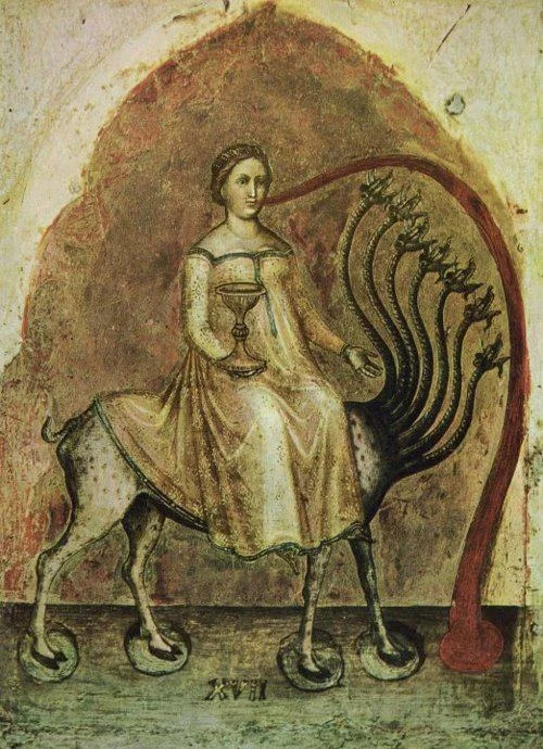“And I saw a woman sitting on a scarlet beast which was full of names of blasphemy, having seven heads and ten horns. The woman was arrayed in purple and scarlet, and adorned with gold and precious stones and pearls, having in her hand a g olden cup full of abominations and the filthiness of her fornication. And on her forehead a name was written: Mystery, Babylon the great, the mother of harlots and the abomination of the earth.
Jacobello Alberegno - ( Polyptych of the Apocalypse side panel / detail)
ca.1360-1390