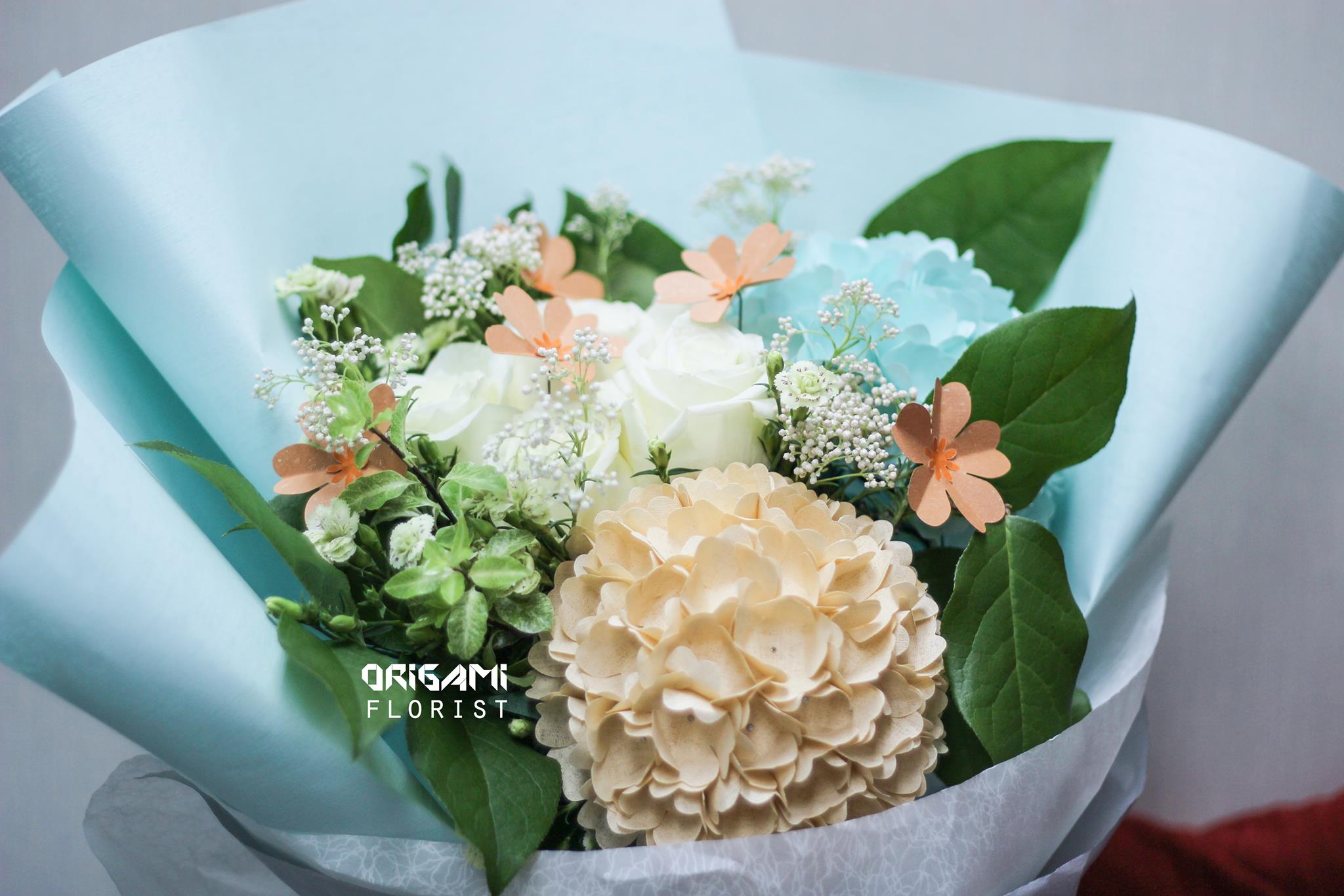 CORAL & TEAL BOUQUET WITH PAPER HYDRANGEAS 