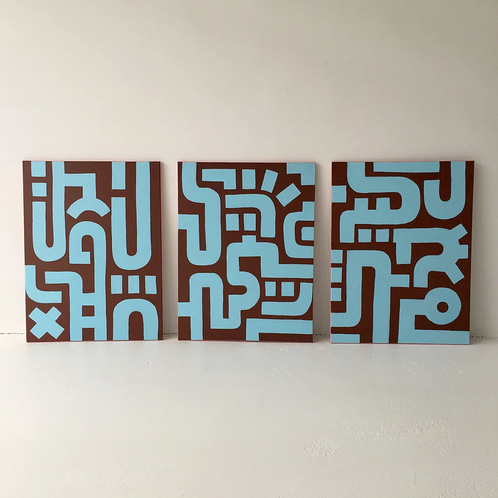 Image 4 of 7 - Abstract artwork Bold Blue on Brown I with the other two paintings in the series on canvas by Dutch contemporary urban artist Michiel Nagtegaal 