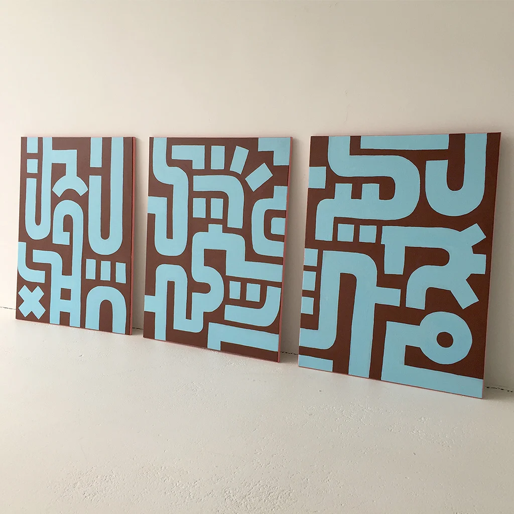 Image 5 of 7 - Abstract artwork Bold Blue on Brown I with the other two paintings in the series on canvas by Dutch contemporary urban artist Michiel Nagtegaal 