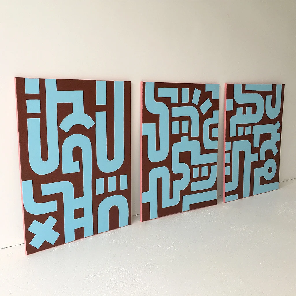 Image 6 of 7 - Abstract artwork Bold Blue on Brown I with the other two paintings in the series on canvas by Dutch contemporary urban artist Michiel Nagtegaal 