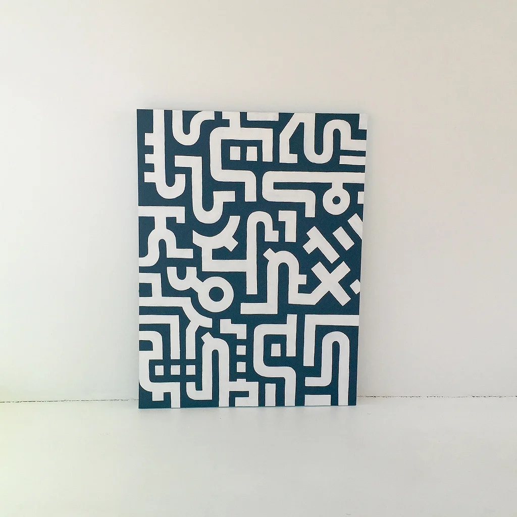 Image 1 of 7 - Artwork 'Working Day' is an abstract painting with white lines on a dark blue canvas by Dutch contemporary urban artist Michiel Nagtegaal