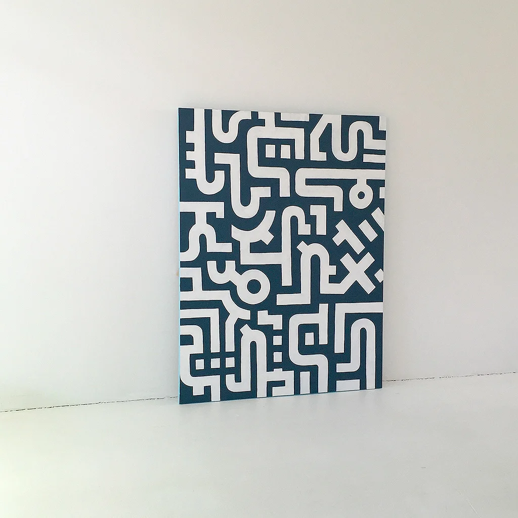 Image 3 of 7 - Artwork 'Working Day' is an abstract painting with white lines on a dark blue canvas by Dutch contemporary urban artist Michiel Nagtegaal