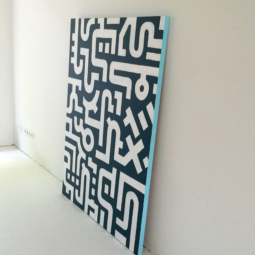 Image 4 of 7 - Artwork 'Working Day' is an abstract painting with white lines on a dark blue canvas by Dutch contemporary urban artist Michiel Nagtegaal
