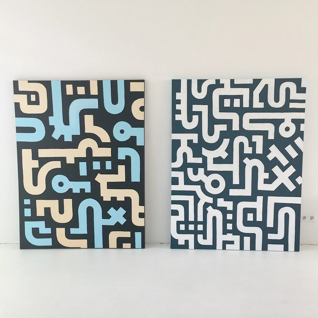 Image 6 of 7 - Artwork 'Working Day' together with artwork 'Bits and pieces'. Both are abstract paintings by Dutch contemporary urban artist Michiel Nagtegaal