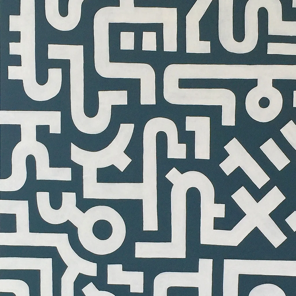 Image 7 of 7 - Artwork 'Working Day' is an abstract painting with white lines on a dark blue canvas by Dutch contemporary urban artist Michiel Nagtegaal