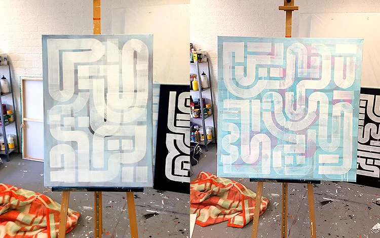 Picture 2 of 4 - Work-in-progress on several abstract paintings by Dutch artist Michiel Nagtegaal in Leidschendam-Voorburg, the Netherlands